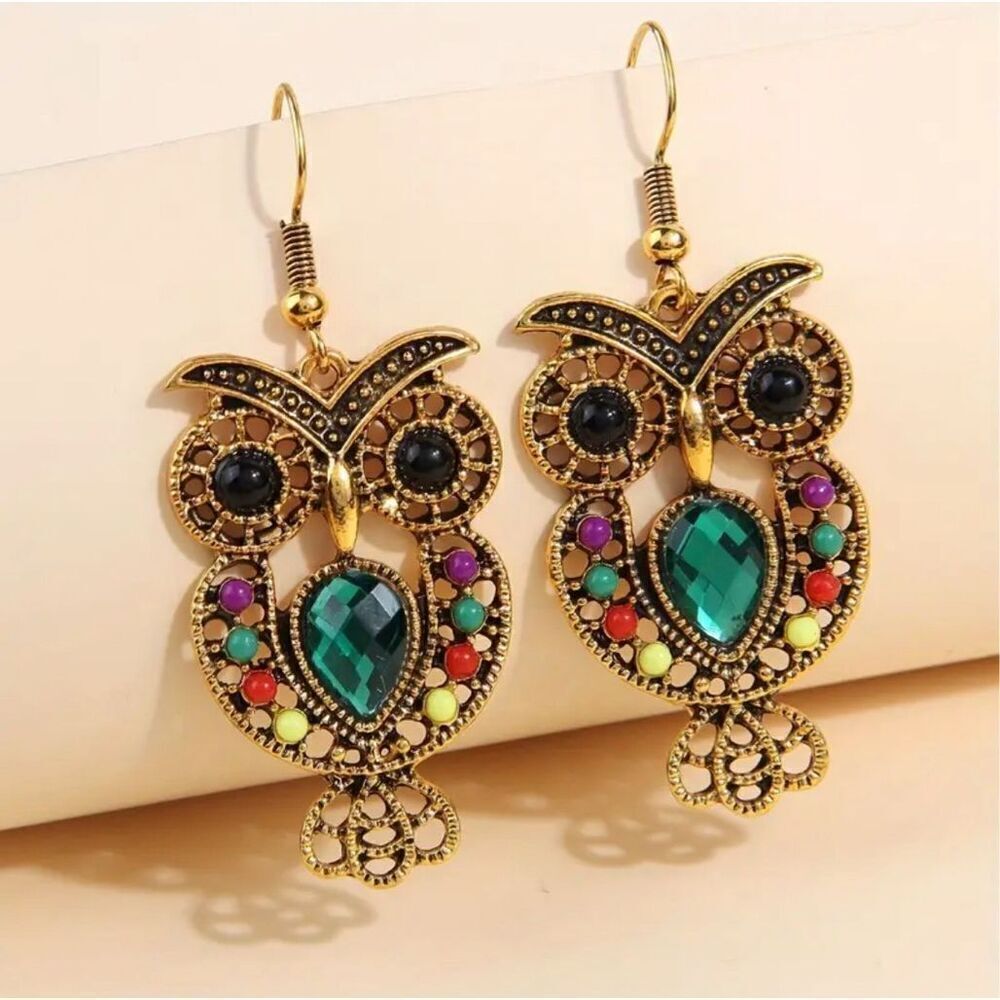 Exquisite Owl Earrings Colorful Beads Rhinestone Dangle Boho‎ Retro Style NWT